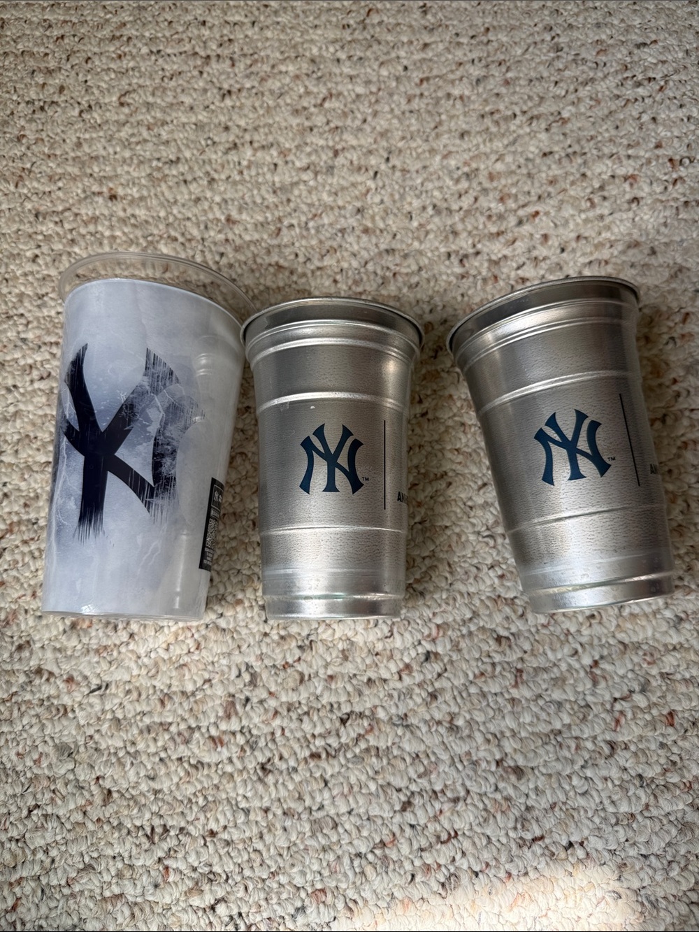 2 New York Yankees Ball aluminum drinking cup 2025 authentic & 1 plastic melted